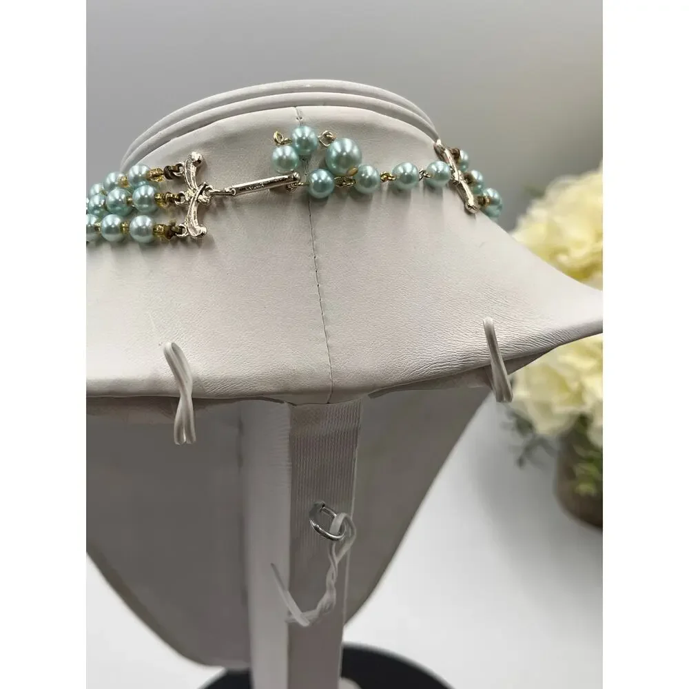 Japan Triple Strand‎ Teal Blue Beaded Necklace Graduated Beads Hook Closure